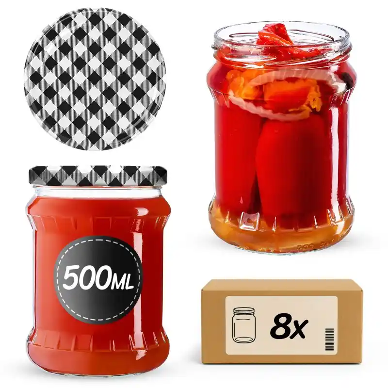 Słoiki na przetwory Kisko 500ml 8szt fi 82 mm + wieczka "Czarna Krata"