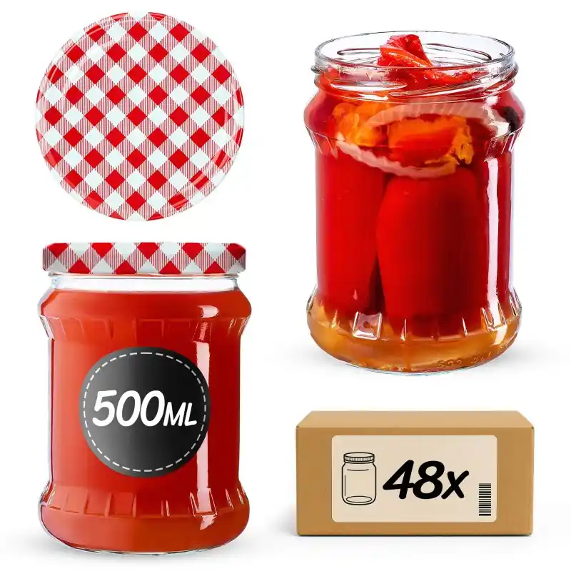 Słoiki na przetwory Kisko 500ml 48szt fi 82 mm + wieczka "Czerwona Krata"