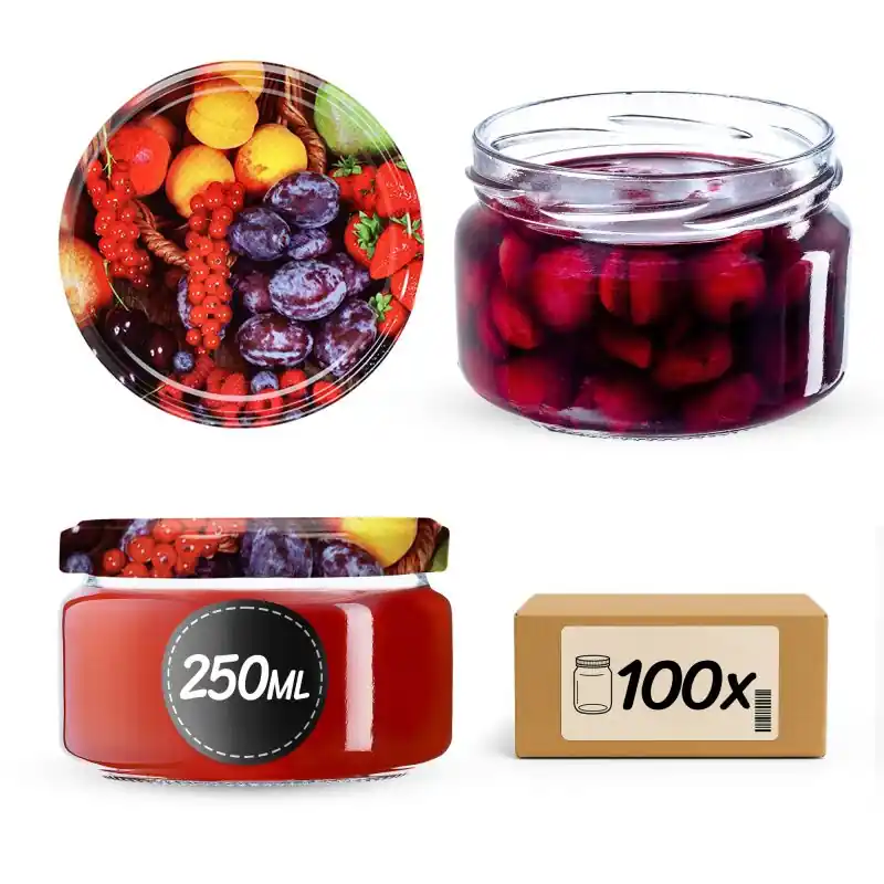 Słoiki na przetwory Denia 250ml 100szt fi 82 mm + wieczko "Mix Owoców"