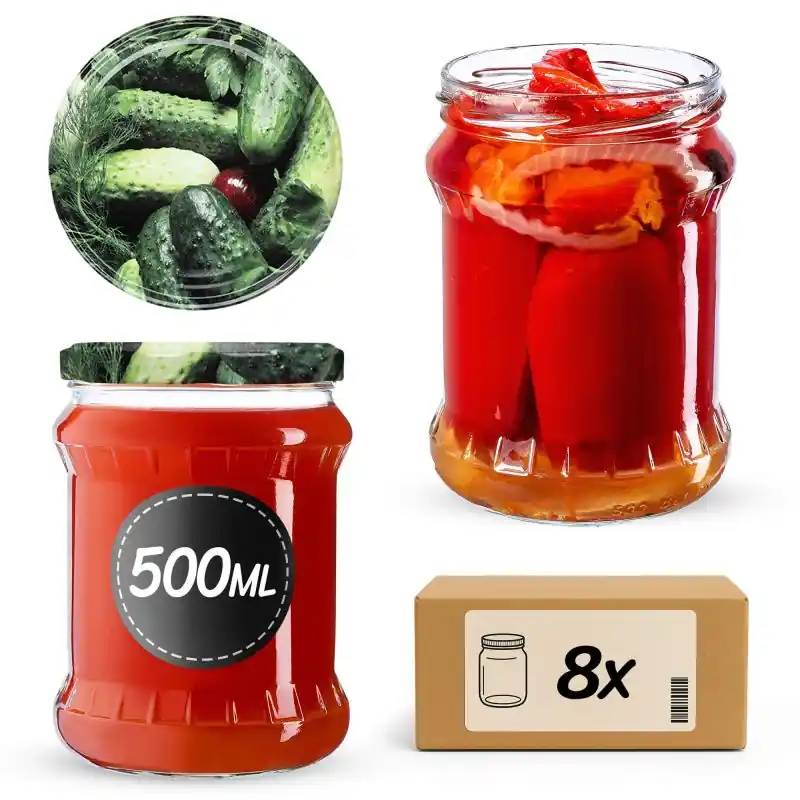 Słoiki na przetwory Kisko 500ml 8szt fi 82 mm + wieczka "Ogórki"