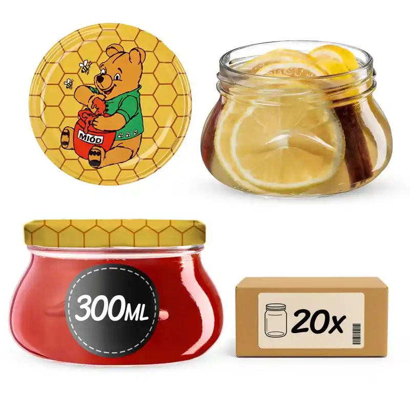 Słoiki na przetwory Raja 300ml 20szt fi 82 mm + wieczka "Miód"
