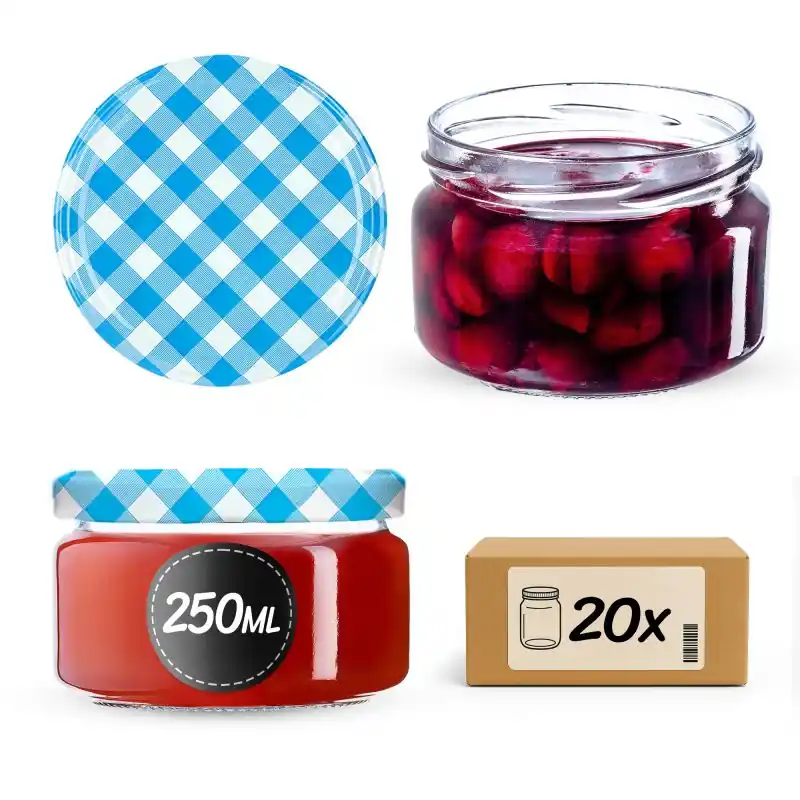 Słoiki na przetwory Denia 250ml 20szt fi 82 mm + wieczko "Niebieska Krata"
