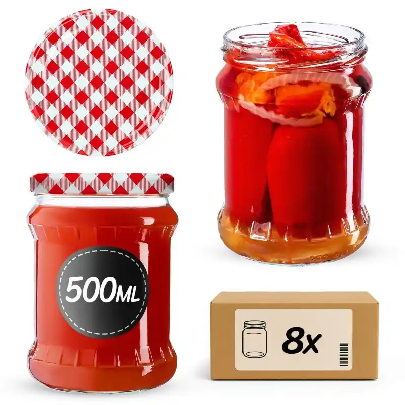 Słoiki na przetwory Kisko 500ml 8szt fi 82 mm + wieczka "Czerwona Krata"