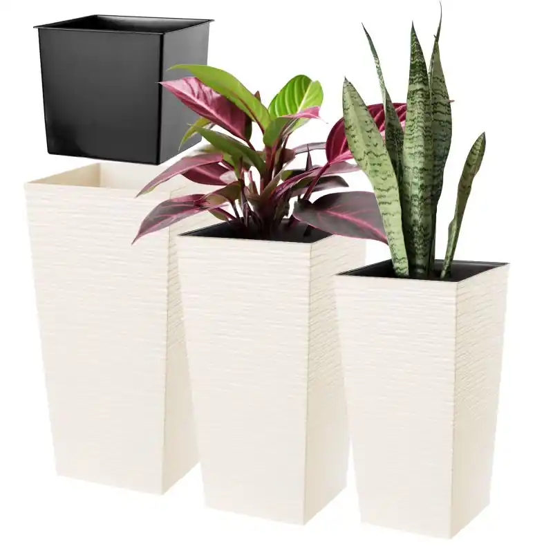 Donice na kwiaty z wkładem Tuluza dłuto 30 cm + 35 cm + 40 cm, kremowe