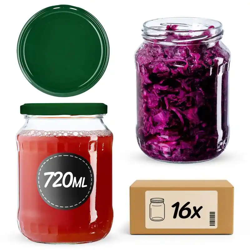 Słoiki na przetwory Jukka 720ml 16szt fi 82 mm + wieczka zielone