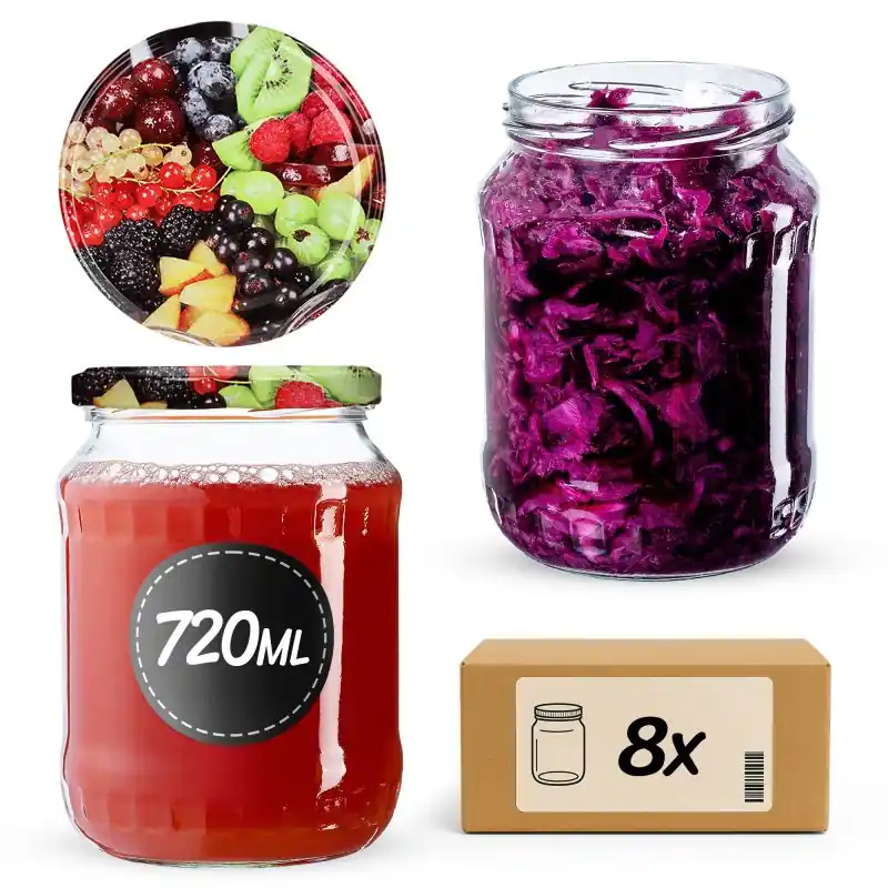 Słoiki na przetwory Jukka 720ml 8szt fi 82 mm + wieczka "Owoce"