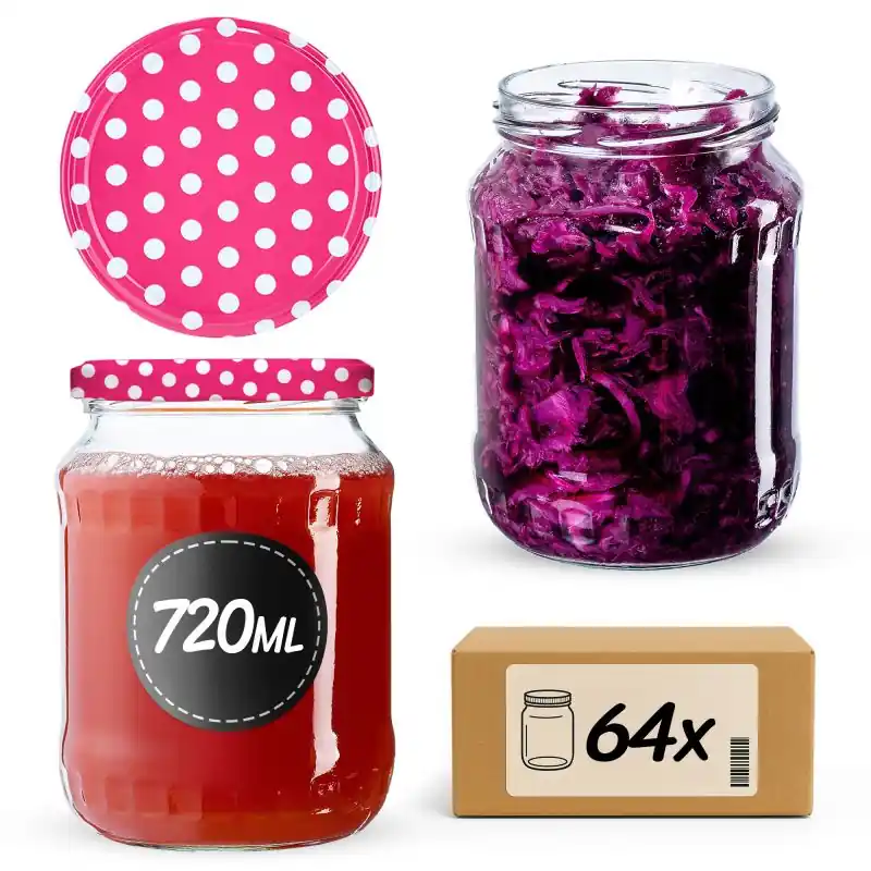 Słoiki na przetwory Jukka 720ml 64szt fi 82 mm + wieczka "Groszek różowy"