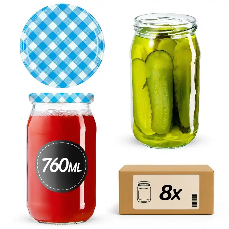 Słoiki na przetwory Niva 760ml 8szt fi 82 mm + wieczka "Niebieska Krata"