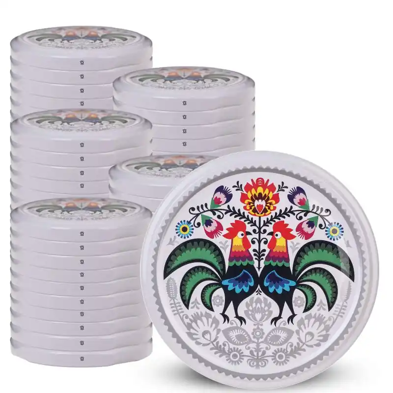 Metalowe wieczka do słoików Virbo 50szt fi 82 mm "Folklor z kogutem"
