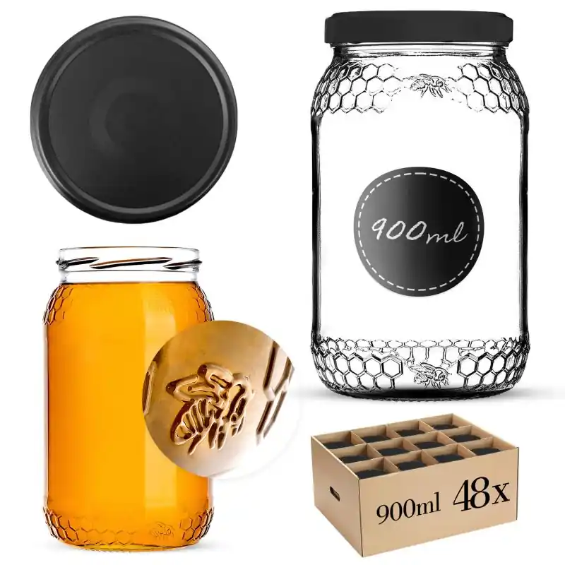 Szklany słój Lierde 900ml fi 82 mm 48 szt. + wieczka "Czarny mat"