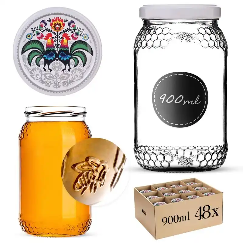 Szklany słój Lierde 900ml fi 82 mm 48 szt. + wieczka "Folklor z kogutem"