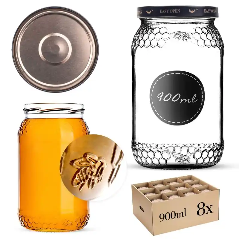 Szklany słój Lierde 900ml fi 82 mm 8 szt. + wieczka czarno-złote Orbit