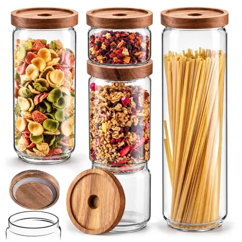 Zestaw pojemników szklanych na żywność Rucce z drewnianą pokrywką 250ml+450ml+750ml+950ml+1550ml