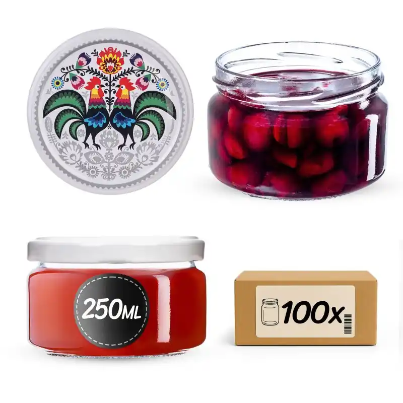 Słoiki na przetwory Denia 250ml 100szt fi 82 mm + wieczko "Kogut"