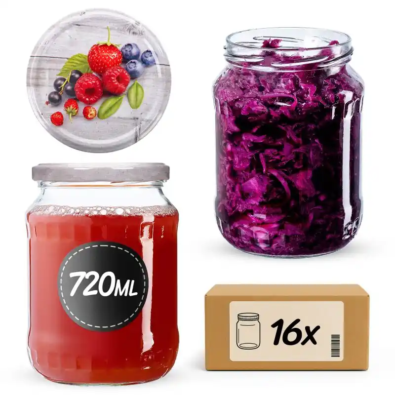 Słoiki na przetwory Jukka 720ml fi 82 mm 16szt + wieczko Owoce
