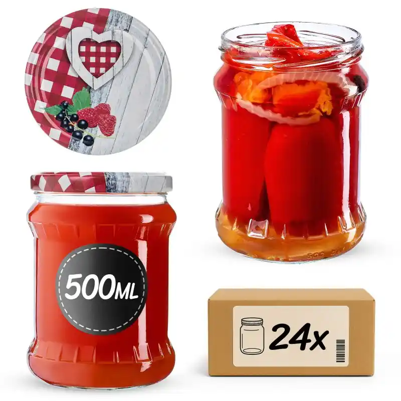 Słoiki na przetwory Kisko 500ml fi 82 mm 24szt + wieczko Krata z serduszkiem