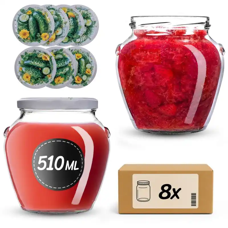 Słoiki na przetwory Sassa 580ml 8szt fi 82 mm + wieczka "Kompozycja ogórków"