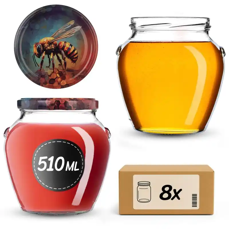Słoiki na przetwory Sassa 580ml 8szt fi 82 mm + wieczka "Niebieska pszczoła"