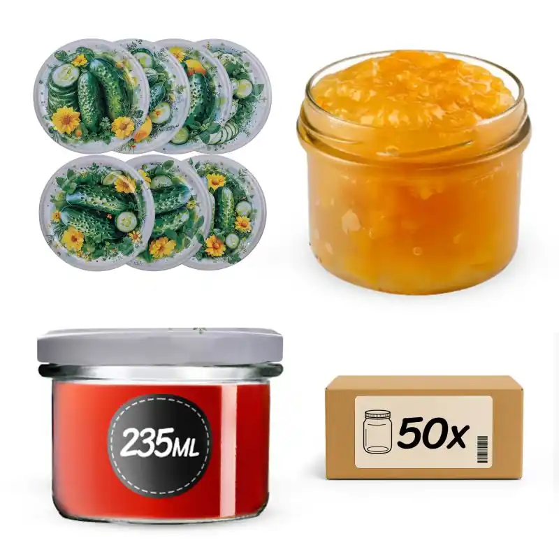 Słoiki na przetwory Tartu 235ml fi 82 mm 50szt + wieczko Kompozycja ogórkowa