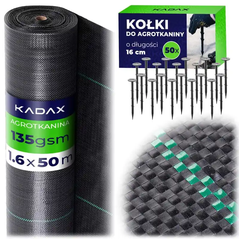 Agrotkanina ogrodowa Auros 1.6 x 50m 135 g/m² czarna + kołki 50 szt.