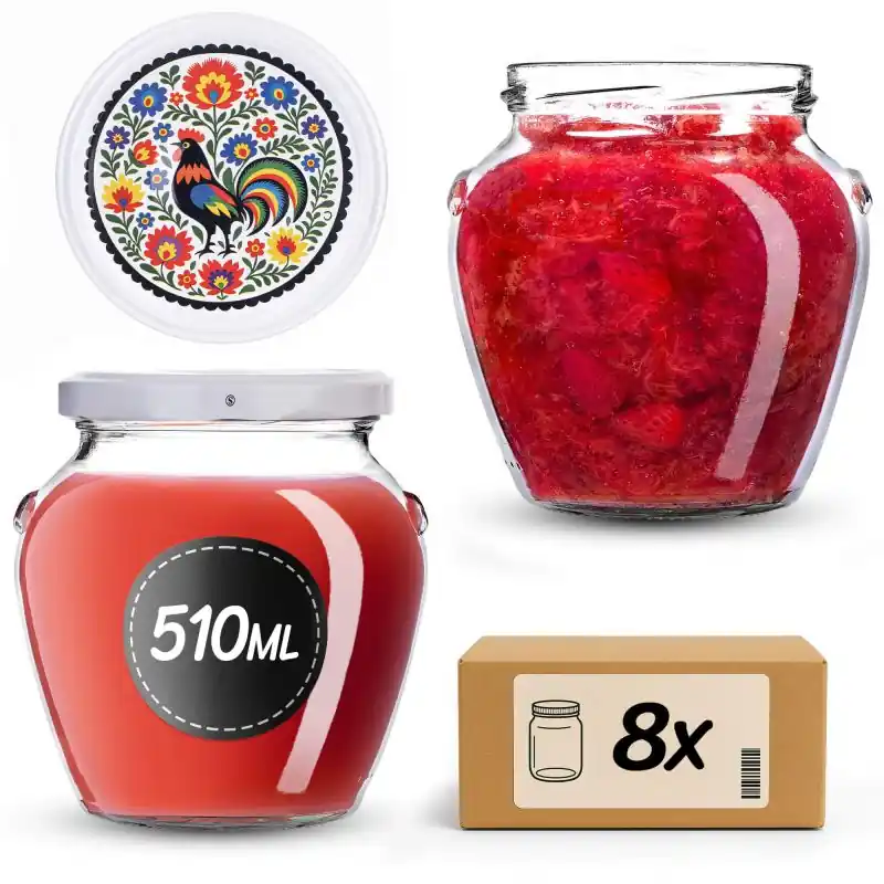 Słoiki na przetwory Sassa 580ml 8szt fi 82 mm + wieczka "Kolorowy kogut"