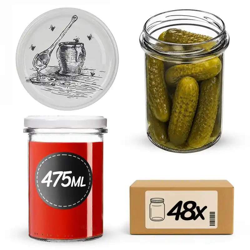 Słoiki na przetwory Befa 475ml 48szt fi 82 mm + wieczka "Słój z miodem"