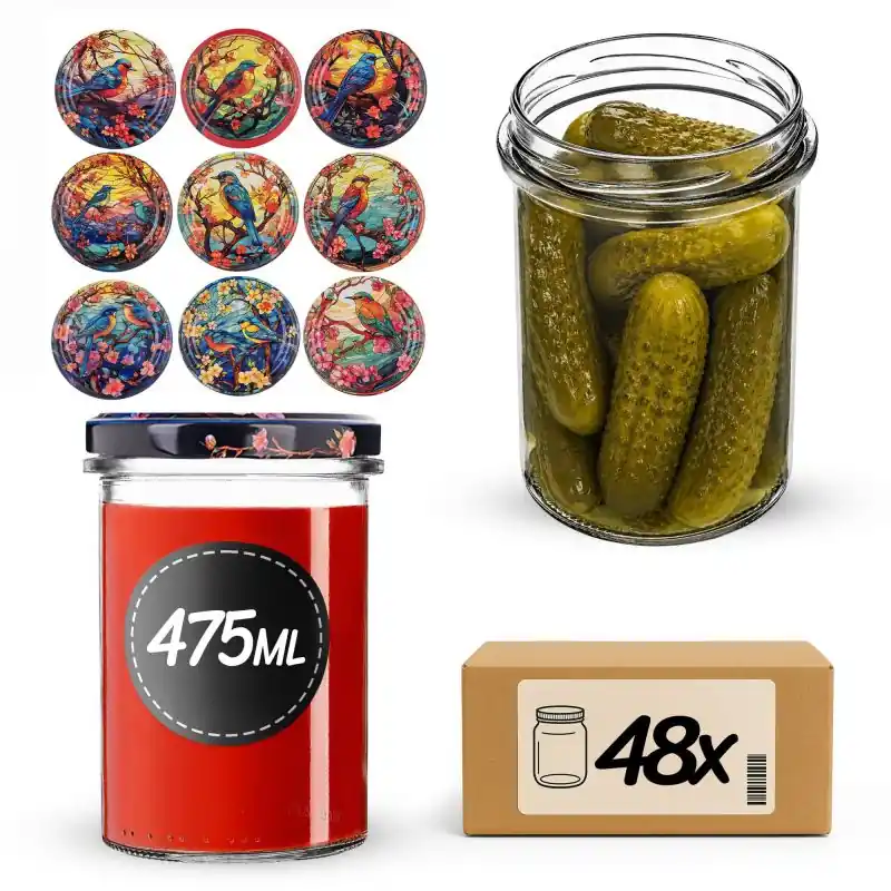 Słoiki na przetwory Befa 475ml 48szt fi 82 mm + wieczka "Witraż z ptakami"