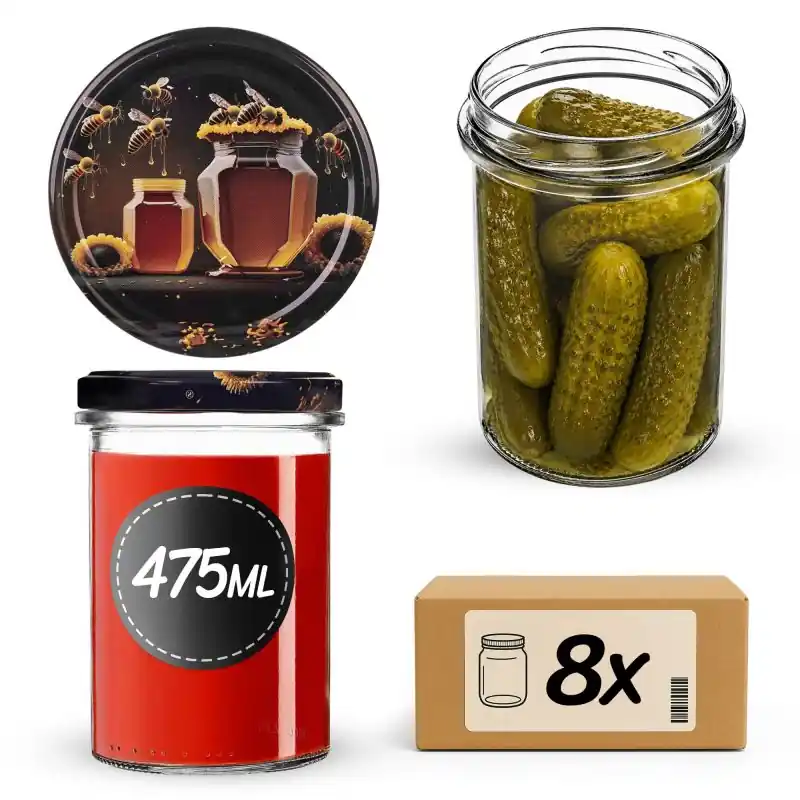 Słoiki na przetwory Befa 475ml 8szt fi 82 mm + wieczka "Miód czarny"