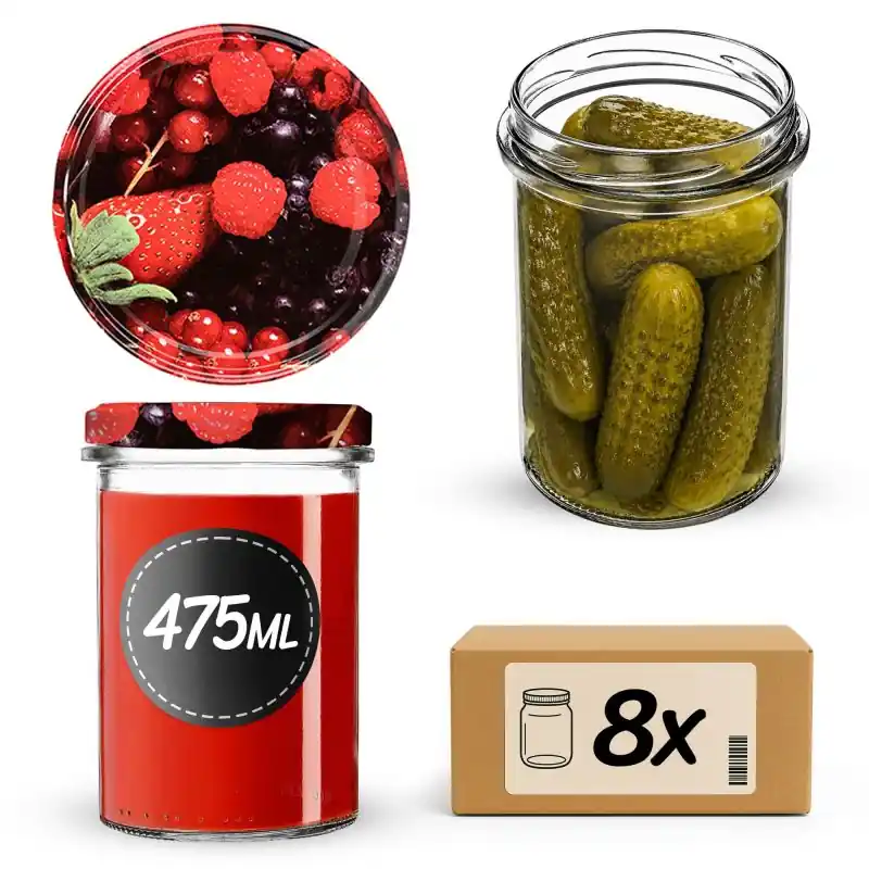 Słoiki na przetwory Befa 475ml 8szt fi 82 mm + wieczka "Owoce leśne"