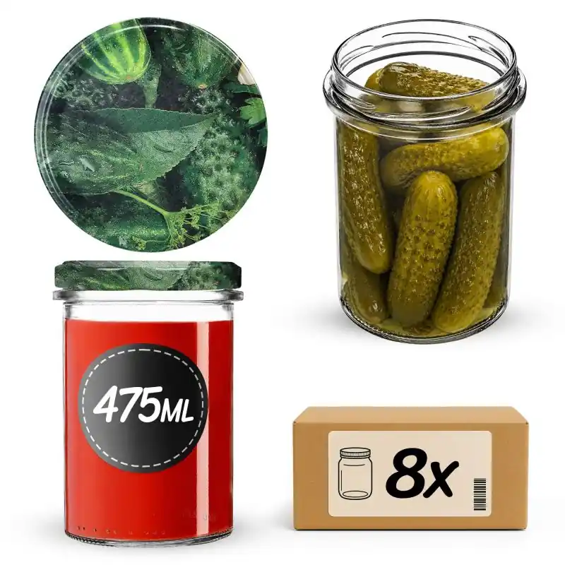 Słoiki na przetwory Befa 475ml 8szt fi 82 mm + wieczka "Ogórki II"