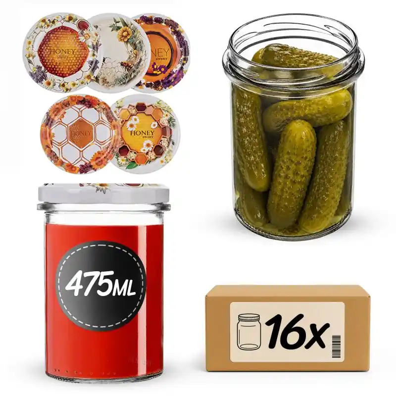 Słoiki na przetwory Befa 475ml 16szt fi 82 mm + wieczka "Słodki miód"