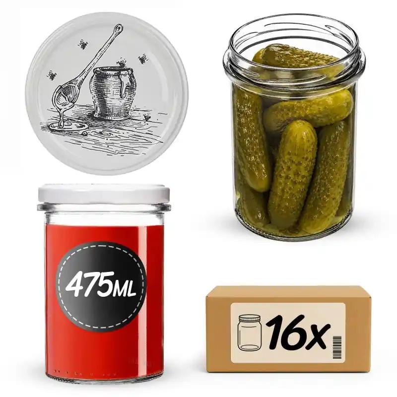 Słoiki na przetwory Befa 475ml 16szt fi 82 mm + wieczka "Słój z miodem"