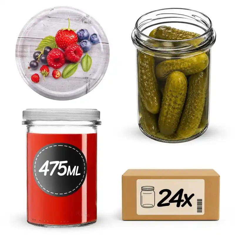Słoiki na przetwory Befa 475ml 24szt fi 82 mm + wieczka "Jagody"