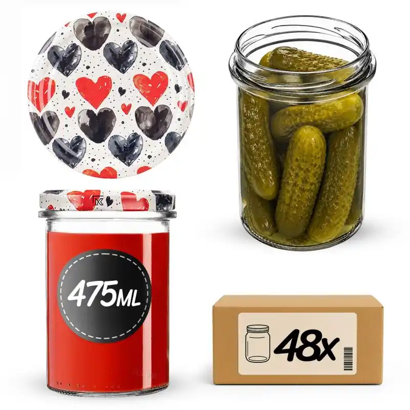 Słoiki na przetwory Befa 475ml 48szt fi 82 mm + wieczka "Czarno-czerwone serca"