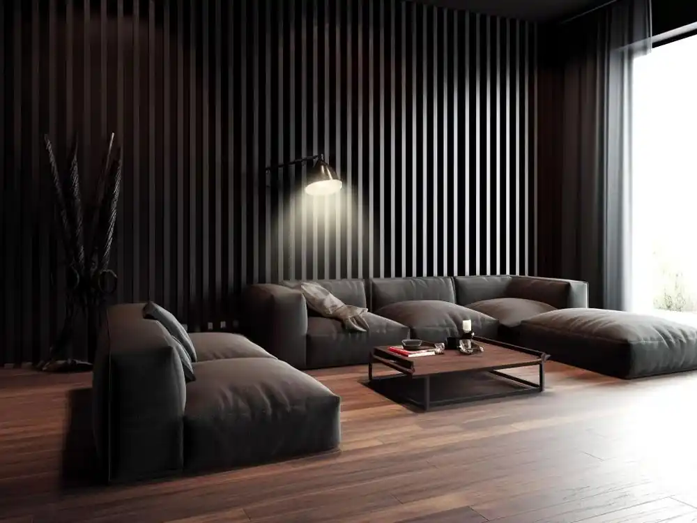 Salon z czarnymi lamelami