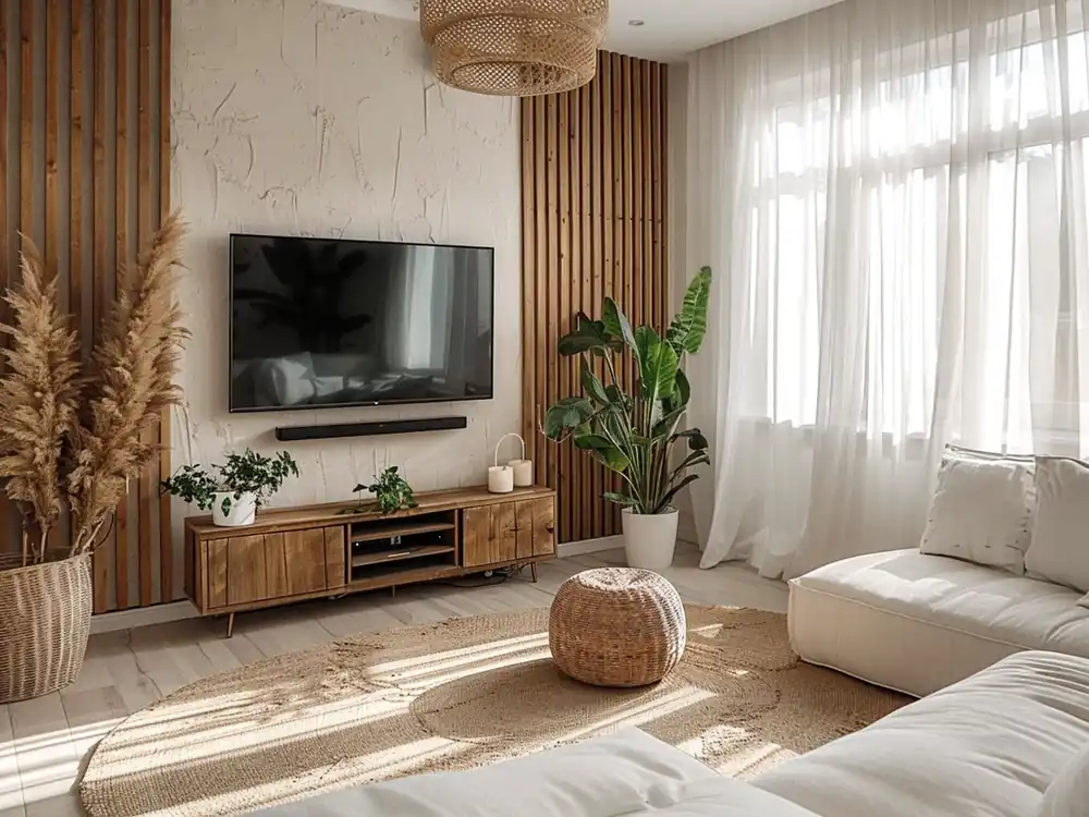 Boho minimalizm z lamelami przytulna elegancja w salonie
