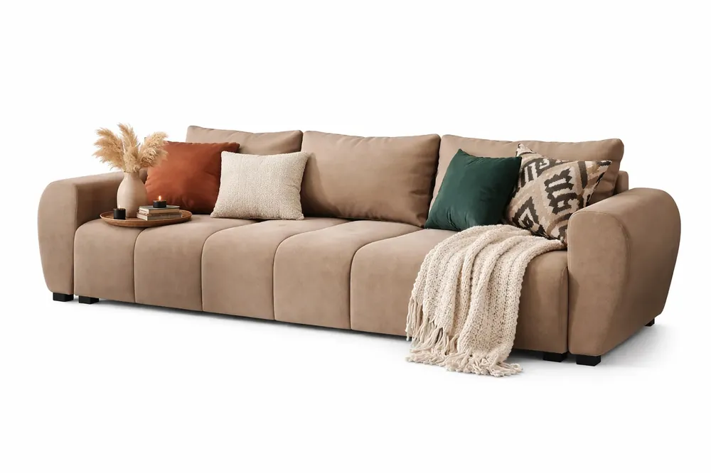 Jasnobrązowa welurowa sofa rozkładana z pojemnikiem - Morvani
